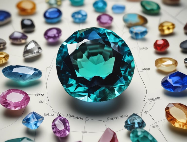 A luxurious gemstone necklace is displayed on a dark, elegant pedestal. The central gemstone is a deep, captivating blue, surrounded by smaller sparkling diamonds that enhance its brilliance. The spotlight enhances the sparkling effect, drawing attention to the intricate details and design.
