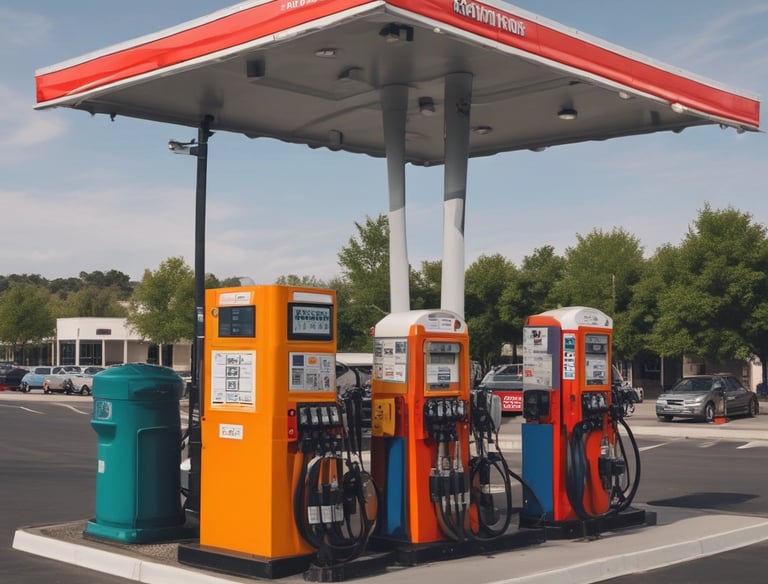 A red cargo truck with a sign for a gas company is parked on a rural road with a clear blue sky in the background. The truck is followed by several other vehicles in a queue. The landscape around the road is dry with patches of grass and distant hills.