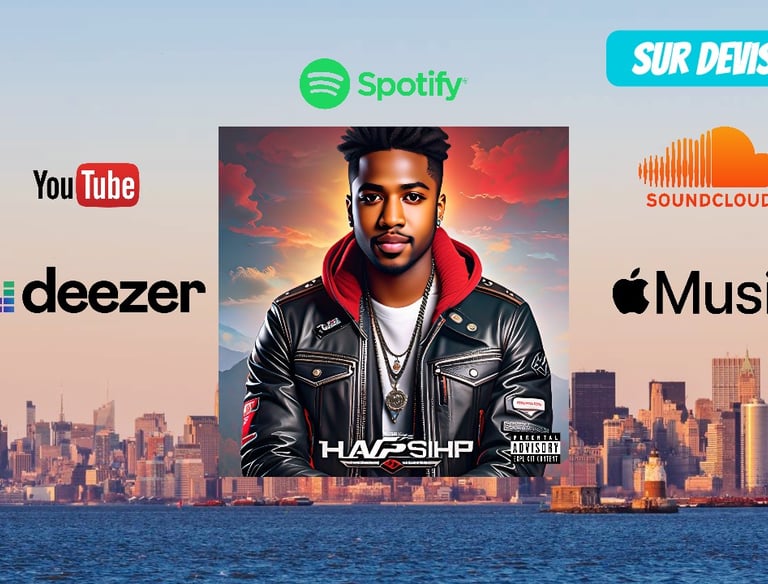 a man in a leather jacket and a photo of a city skyline