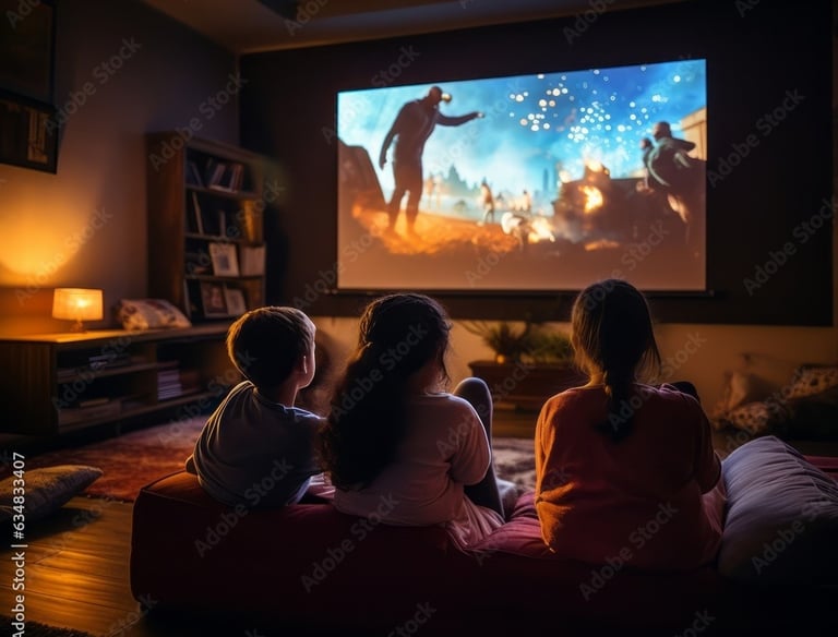 three children sitting on a couch watching a movie