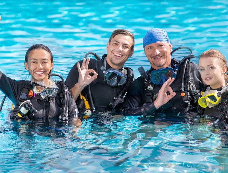 a group of people in scuba gear standing in the water