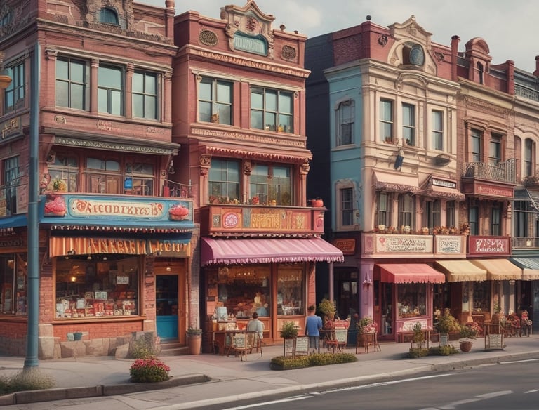 A richly stocked delicatessen displaying an array of cured meats, cheeses, and other gourmet foods. Various types of sausages and hams hang from the ceiling, while wheels of cheese and packaged goods are arranged on the countertop. There are shelves with wine bottles and boxes of pasta, creating a cozy and inviting atmosphere.