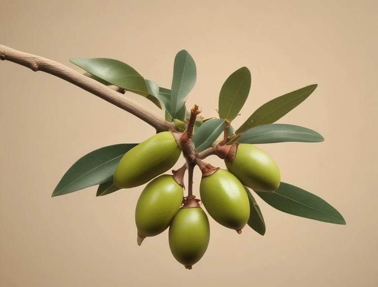Two orange cosmetic products labeled 'Bioglow' are placed on a white, slightly wrinkled fabric with fresh green leaves and a white tulip resting beside them. The packaging is vibrant and stands out against the soft background.