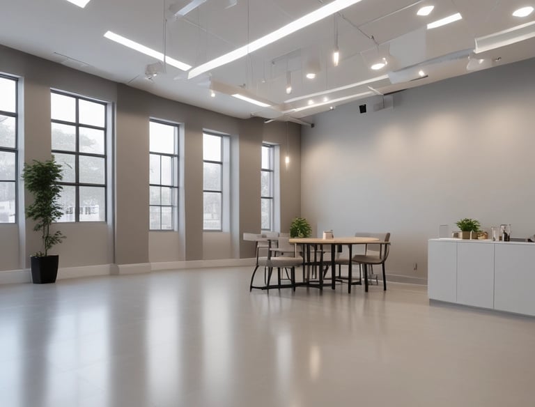 A modern building with a unique architectural design featuring a pattern of geometric brown panels and large windows. Several levels have small balconies. Two workers are suspended by ropes, performing maintenance or cleaning.