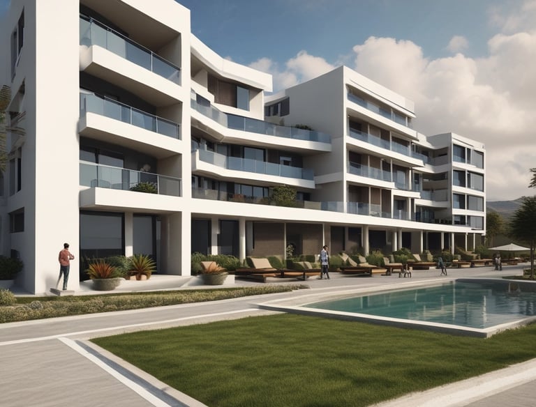 A commercial property featuring two buildings with metal roofs, situated in an industrial area. Several parked vehicles, including vans and cars, are seen near the buildings. The surroundings are well-maintained with greenery and clear weather with blue skies and clouds in the background.