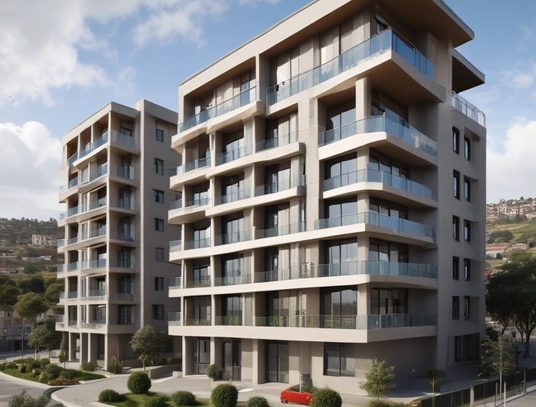 a building with a red car parked in front of it