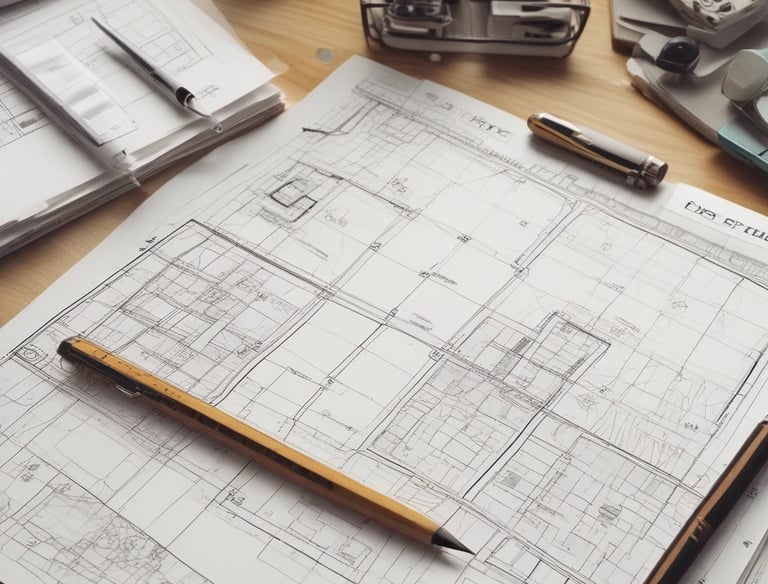 A partially renovated bathroom wall with unfinished surfaces. One section features blue and white geometric tiles, while another section showcases large, grey tiles held in place by orange spacers. There is a window to the left providing natural light.
