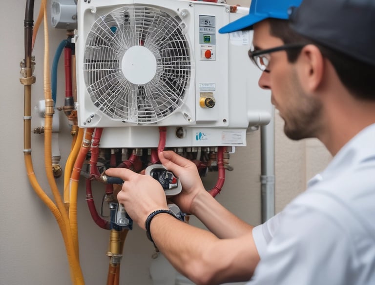 A bathroom with a unique industrial design features exposed piping and cylindrical lights on the ceiling. The ceiling displays a large fish illustration with labeled parts. The walls are covered with white herringbone tiles, and there are three circular mirrors above a long concrete sink with modern faucets.