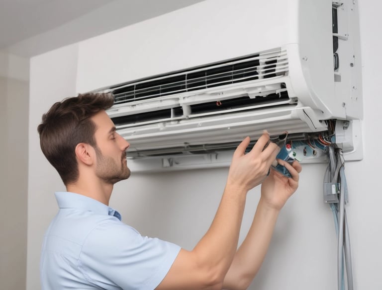 A bathroom with a unique industrial design features exposed piping and cylindrical lights on the ceiling. The ceiling displays a large fish illustration with labeled parts. The walls are covered with white herringbone tiles, and there are three circular mirrors above a long concrete sink with modern faucets.