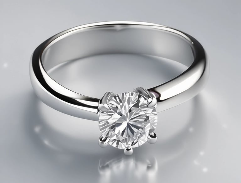 A silver diamond ring is placed on a dark, possibly velvet surface. The ring features a prominent central diamond, with smaller diamonds lining the band on either side.