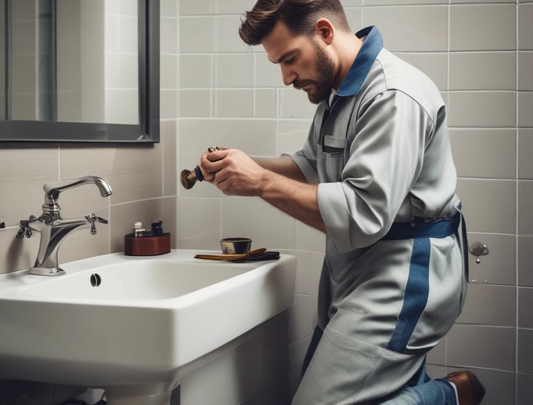 A large building with classic architectural features, including arched window frames and ornate detailing, is under renovation. Scaffolding is erected along the side, reaching up to the roof. The building has a muted, aged facade with multiple windows, some of which are open.