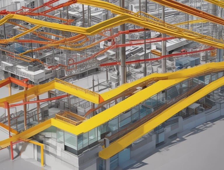 A bustling construction site surrounded by greenery, with metal beams and columns in various stages of assembly. Two large cranes, one black and another orange, are positioned prominently, aiding in the construction efforts. In the background, a residential building with red and white patterns is visible beyond a line of trees.