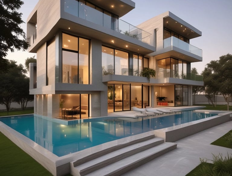 A modern apartment complex featuring two multi-story buildings with large windows and balconies. The complex is surrounded by landscaped areas with palm trees and a small pool in the center. Several parked vehicles are situated along the paved driveway that runs between the buildings.