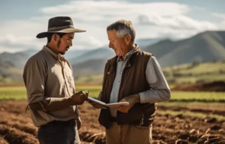 two men standing in a field with a tablet
