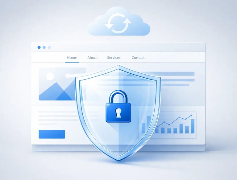 Digital security shield with a padlock protecting a website interface and cloud data storage.