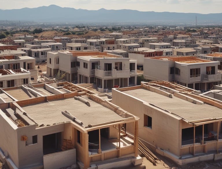 A collection of yellow construction excavators and heavy machinery is parked on a concrete surface. The machines are branded with 'SANY' and are aligned in rows with some positioned at different angles. In the background, there are trees and a partially visible building.