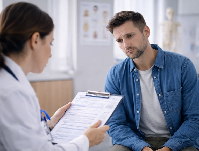 A worried man sitting in a doctor’s office while receiving medical results from a doctor, showing concern and stress.