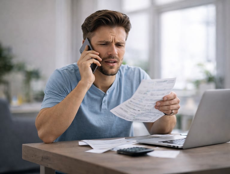 frustrated man sitting at home, looking at bills and insurance documents while talking on the phone.