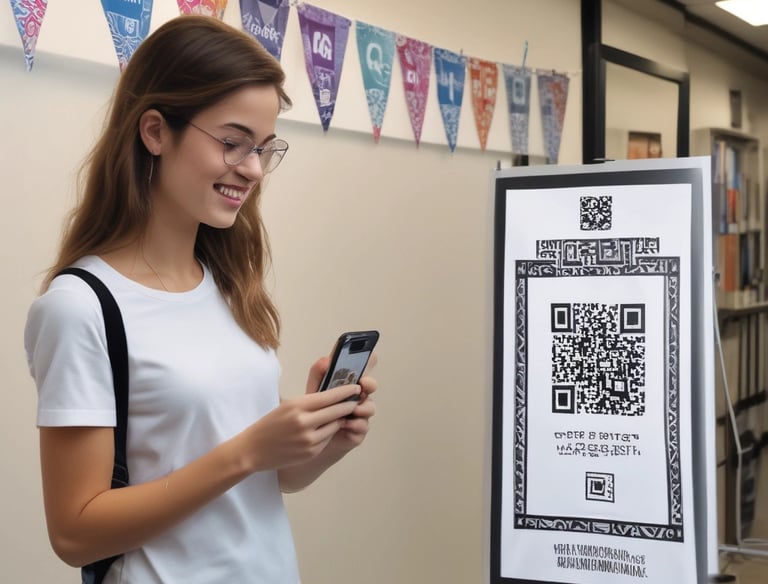 A person holding a smartphone with a QR code displayed.