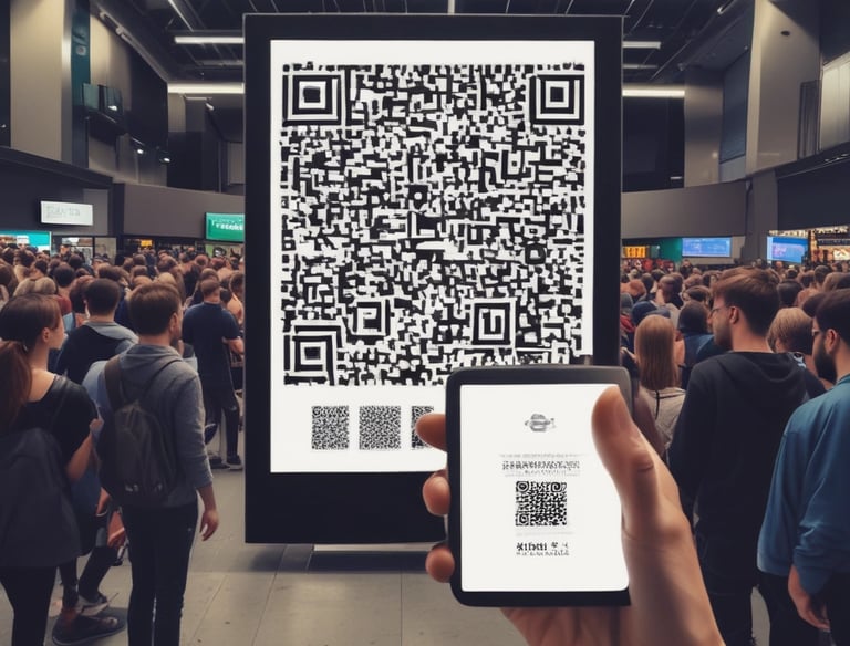 A person holding a smartphone with a QR code displayed.
