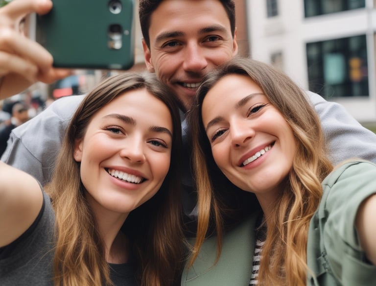 A diverse group of people taking selfies at an event.
