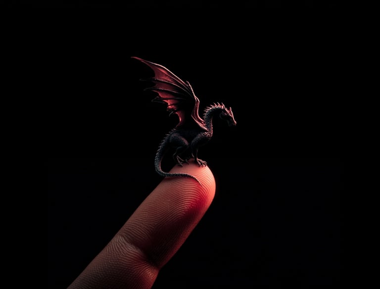 A miniature dragon perched delicately on a human finger, illuminated by dramatic lighting against a solid black background