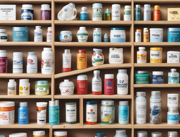 A variety of colorful supplement bottles arranged on a wooden table.