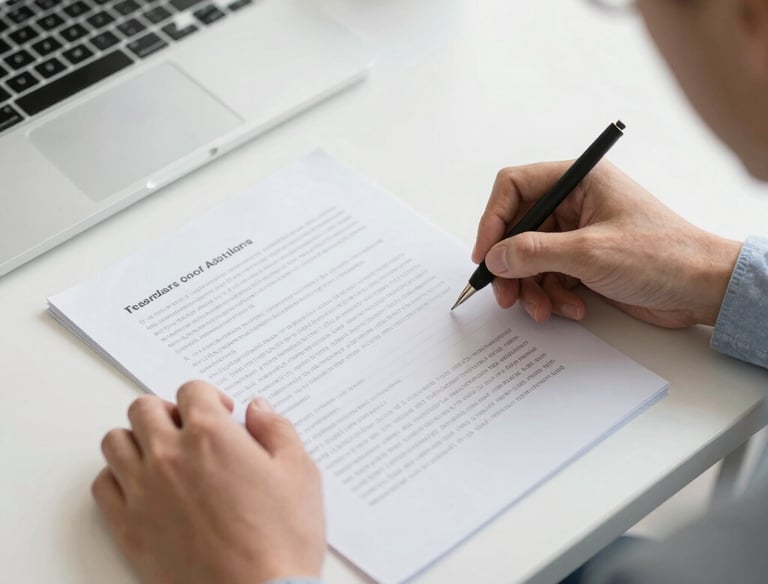 A focused individual preparing detailed selection criteria documents at a home office.