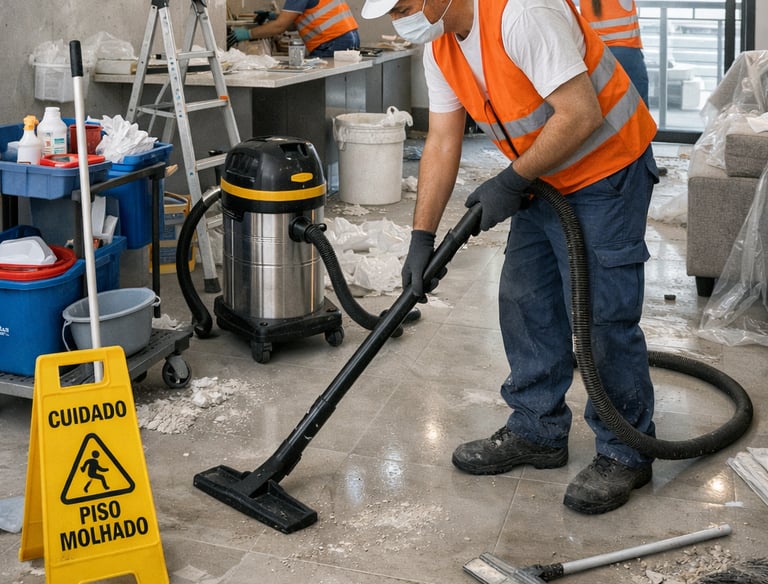 Professional construction cleaners in safety gear vacuuming dust and debris after a home renovation.