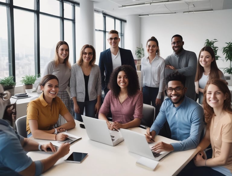 A diverse group of professionals discussing job opportunities.