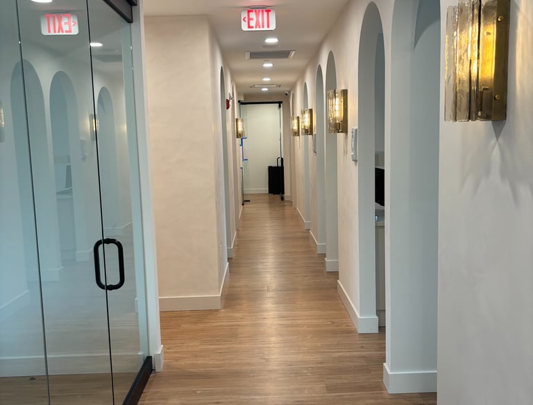 renovated dental office hallway with modern ligthing