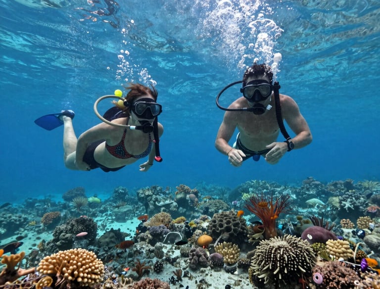 Underwater view of colorful coral reefs teeming with tropical fish in clear Caribbean waters.