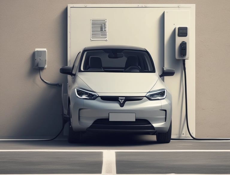 A modern electric vehicle charging station is illuminated at night. The charger has bold red lighting outlining its frame. Above the charger, there is a detailed and colorful coat of arms. The background is dimly lit, suggesting it's a suburban area or a park.
