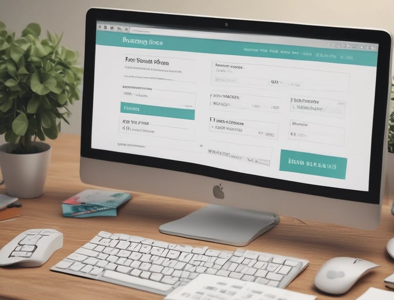 A computer monitor displays a webpage from HelpDesk Heroes, featuring a contact address and email. Social media icons including Facebook, LinkedIn, Twitter, Instagram, and Pinterest are visible. The screen also shows a Trustpilot rating. A stack of cookies is partially visible at the bottom of the image, and part of a keyboard can be seen in the foreground.