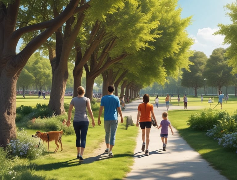 A large building with white walls and a red roof sits in the background, surrounded by a wide open courtyard and lush green lawns. In the foreground, there's a circular fountain with several tiers. The area is enclosed by numerous trees and vegetation, providing a serene and orderly environment.