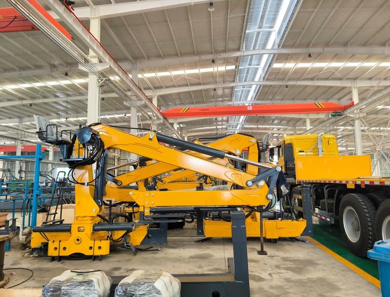 Factory snapshot: Yellow Q160LA2 knuckleboom log loader (timber crane for sale), custom-built for a client.