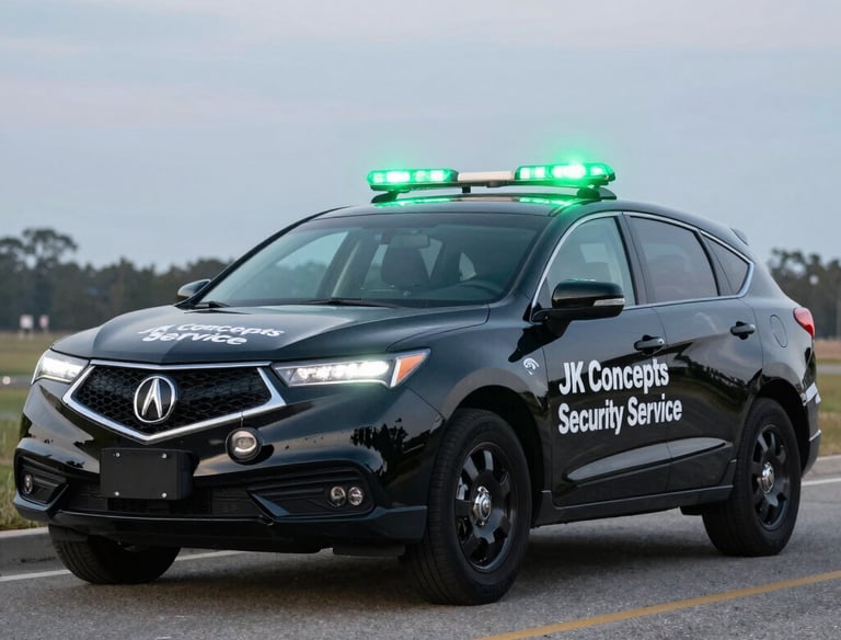 A mobile patrol vehicle driving through a residential neighborhood in Highlands County during dusk.