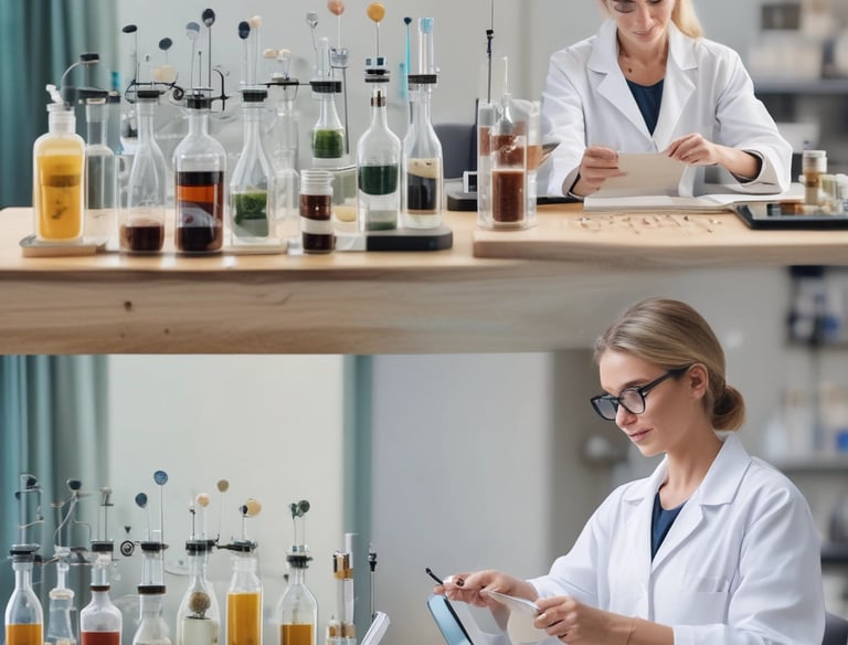 Various wellness and beauty products, including oils in bottles, a bowl of oil, dried flowers, crystals, a smudge stick, and a small dish of cream, are arranged aesthetically on a light surface. The scene is decorated with colorful flowers and herbs.