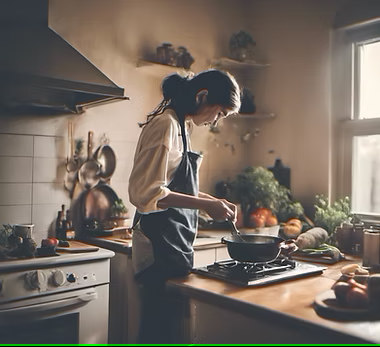 a woman in a kitchen cooking with a pancake