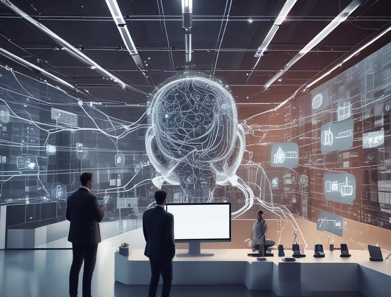 A MacBook Pro laptop displaying a software development environment with code on the screen. The desktop interface includes a smartphone emulator showing various application screens. The scene conveys a tech-focused workspace on a wooden surface.