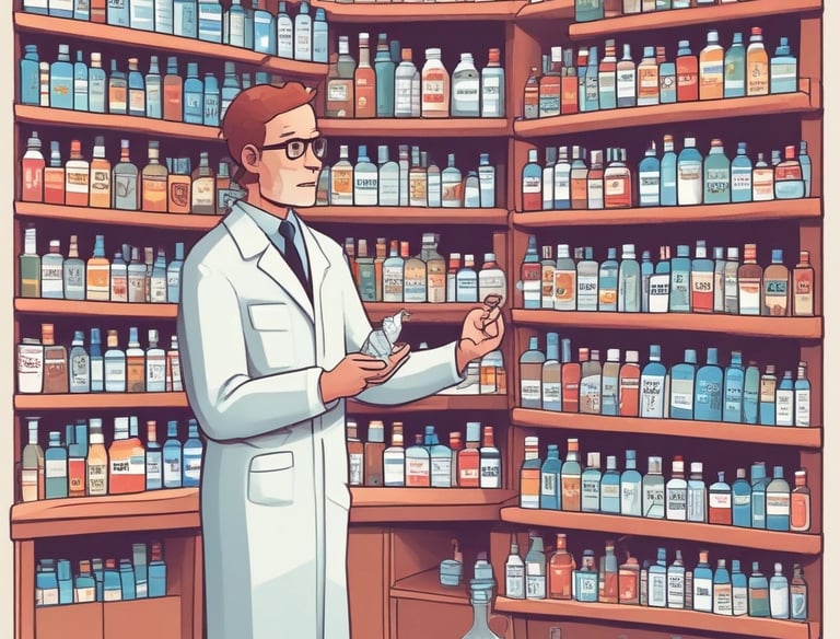 A small commercial plaza featuring a pharmacy and other shops. The brick buildings have modern signage and awnings. A few parked cars are visible, and there are outdoor seating areas. The surrounding area is landscaped with trees and grass.