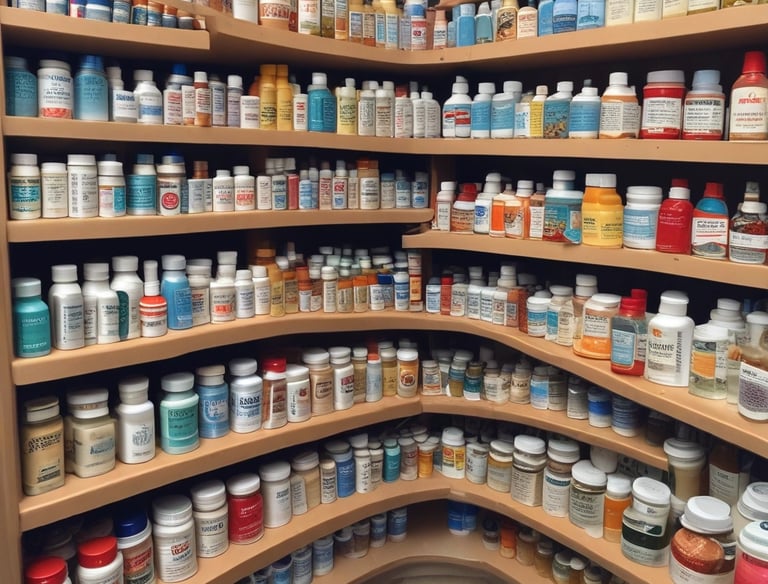Shelves filled with a variety of skincare and personal care products inside a well-organized pharmacy or store. The shelves are stocked with creams, lotions, and other health-related items, with labels and signs displaying prices and promotions. The aisle has a clean, modern appearance with clear signage for a shopping app.