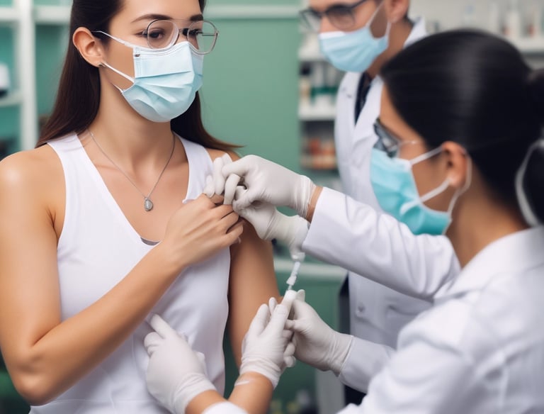 A pharmacy entrance with a large illuminated cross sign in blue and yellow colors. The signage above the door is in Cyrillic script, and there's a green neon cross on the building facade. Inside the well-lit store, shelves with products are visible.