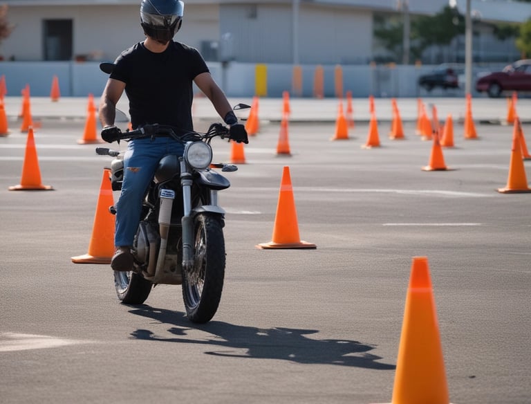 A single motorcyclist dressed in black gear rides on a racetrack with a spectator area on the right. The track is bordered by a grassy area and a series of garages with spectators observing from an elevated position behind a barrier.