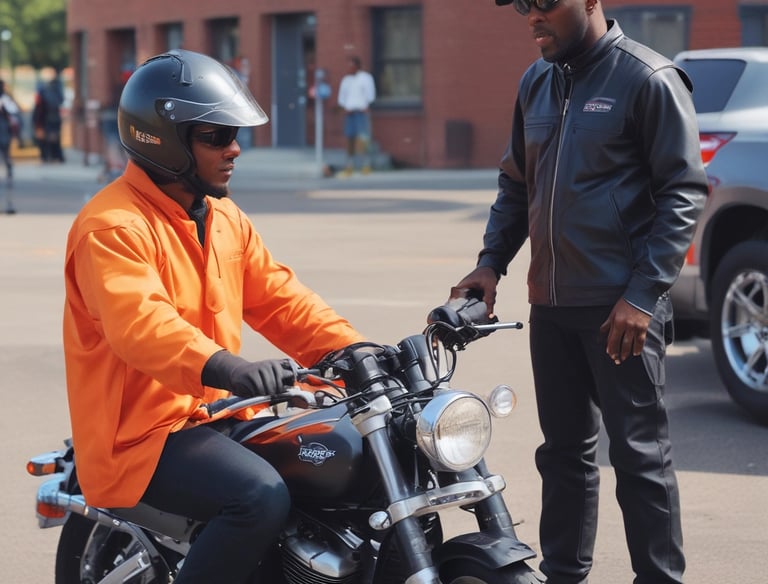 A motorcyclist is getting a lesson from a motorcycle instructor dressed in all black.