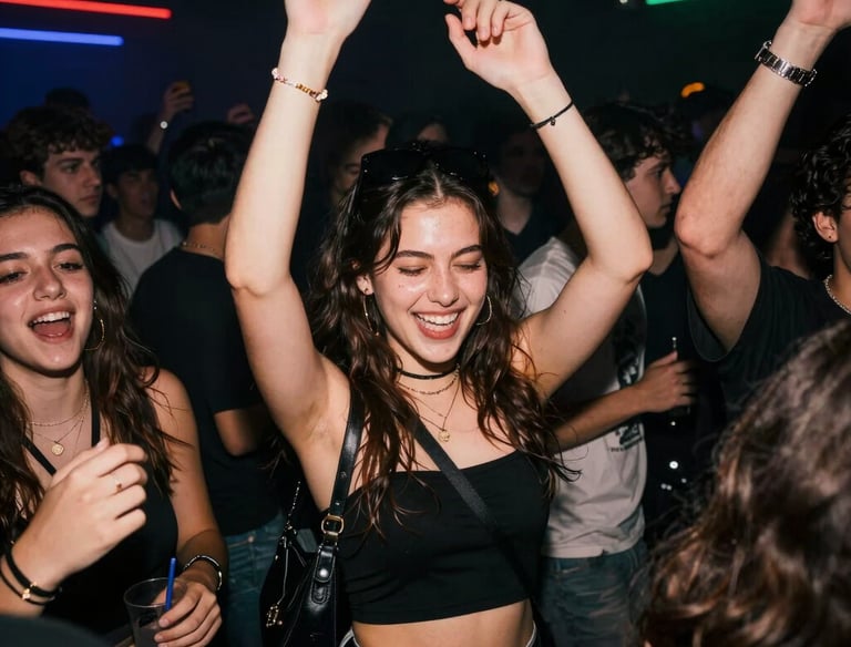 a group of people standing around each other with their hands in the air