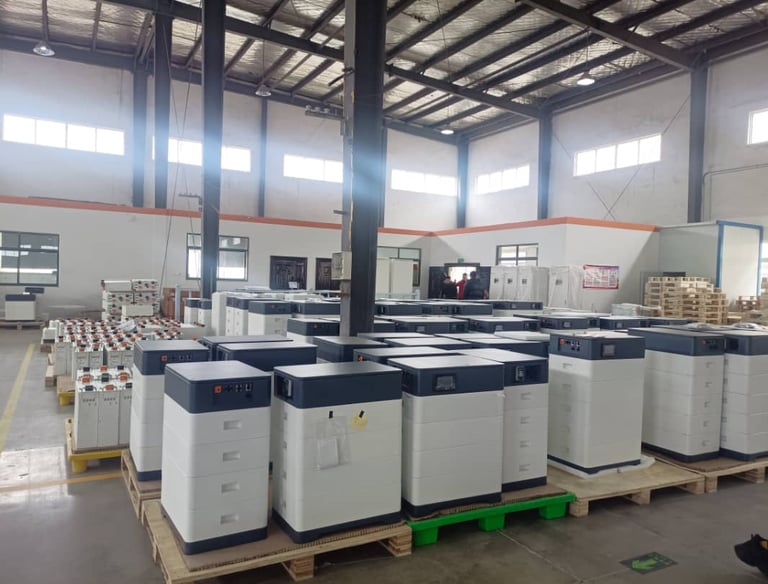 a large warehouse with a lot of boxes of lithium ion phosphate batteries