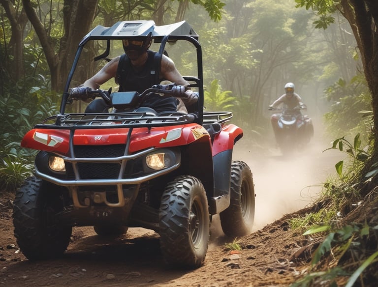 A rugged off-road vehicle is traveling along a dirt path surrounded by dense foliage and trees. The path is uneven, emphasizing a sense of adventure. The vehicle has a roof rack and appears to be a safari or tour jeep with passengers visible inside.