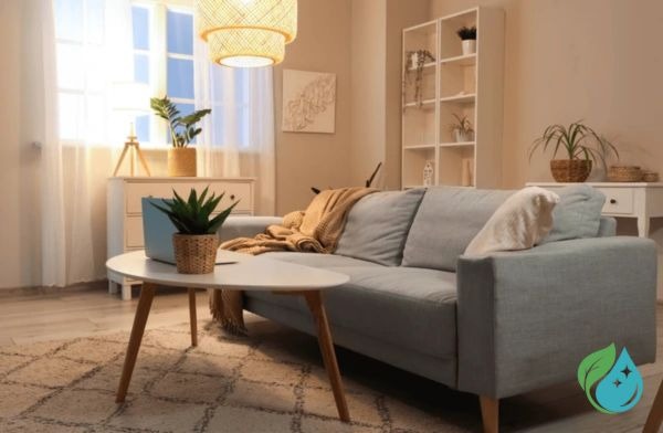 Canapé 2 places gris clair avec un plaid orange, une petite table en bois blanc, des rideaux blancs en arrière-plan