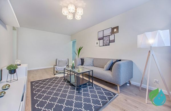 Salon lumineux avec un canapé gris clair, un grand tapis gris foncé, une table basse en verre et un meuble télé blanc